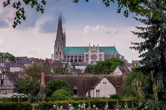 Chartres Cathedral rising over the town.